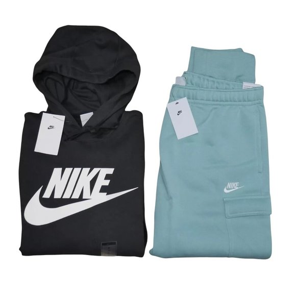 Nike NSW Club Cargo 2 Piece Sweatsuit Men's XL Fleece Tracksuit Black Turquoise